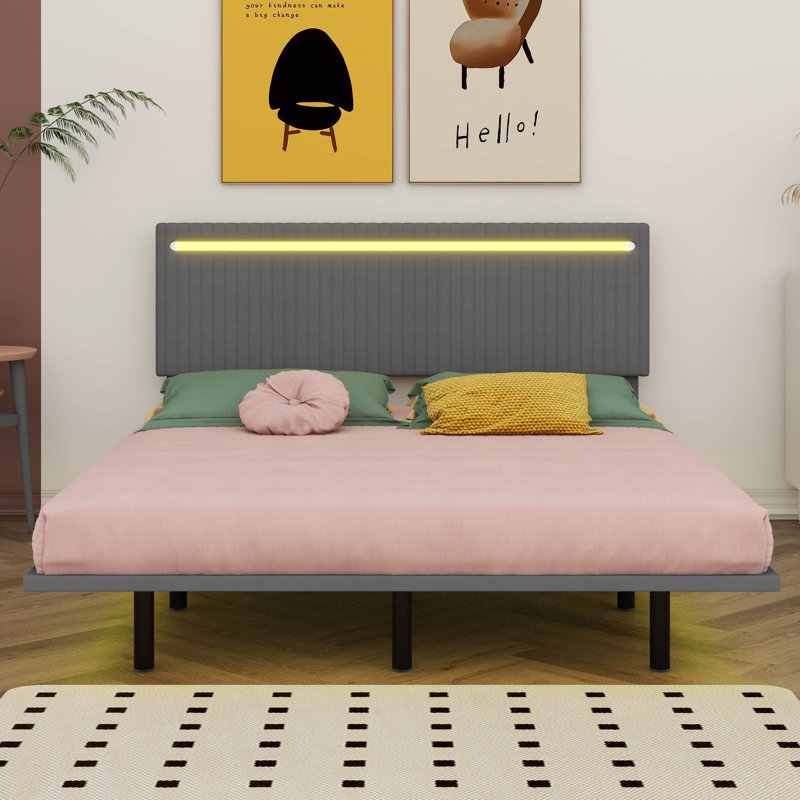 Floating Bed With Sensor LED Lights And Height-Adjustable Headboard, Vertical Channel Design, Queen, Gray