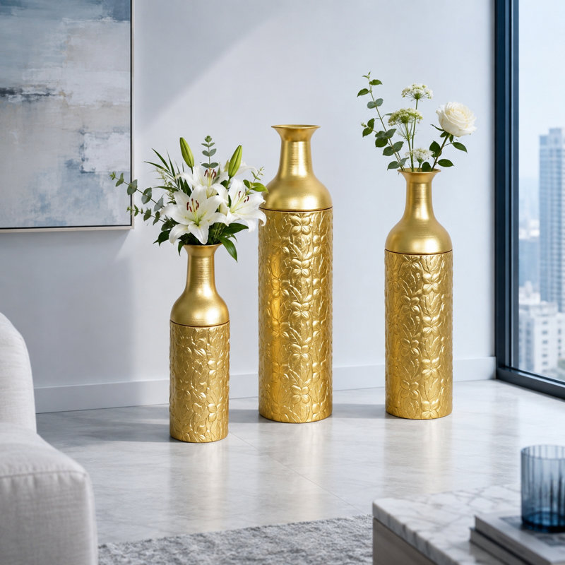 Ensemble de 3 vases de sol gigognes en métal, de hauts vases décoratifs dorés en relief pour le salon et l'entrée
