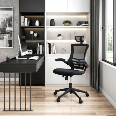 Black Modern High-Back Mesh Executive Office Chair, With Headrest And Flip-Up Arms