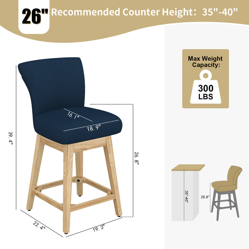 Tabouret de bar et de comptoir pivotant en bois massif Malakeh (ensemble de 1/2/4), Marine / naturel, 4