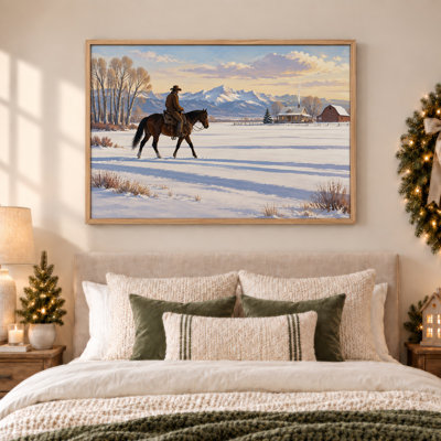 " Cowboy On Horse In Snowy Field Near Mountains And Christmas " Painting