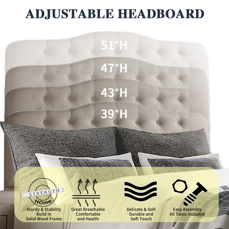 Tête de lit à hauteur réglable avec revêtement en lin et capitonnage pour la chambre à coucher, Grand lit, Beige
