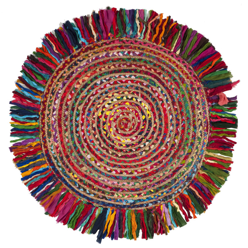 Tapis ivoire / rouge en coton tissé à la main Abhay, Rond 4 pi