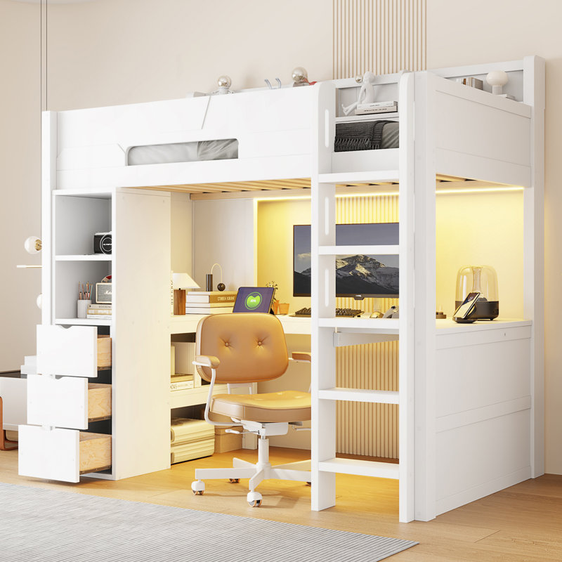 Lit mezzanine pour lit simple avec bureau en U, lumières DEL RVB intelligentes et ports USB, canapé-lit multifonctionnel à 3 tiroirs et tablettes de rangement
