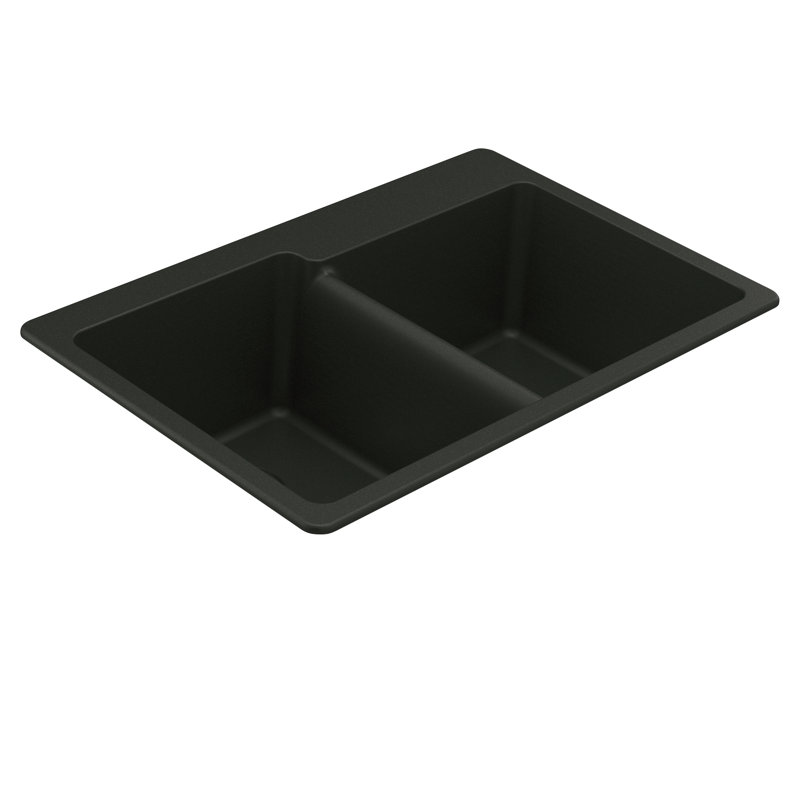 Host 33-Inch Wide x 9.5-Inch Deep Dual Mount Granite Double Bowl Kitchen Sink, Black
