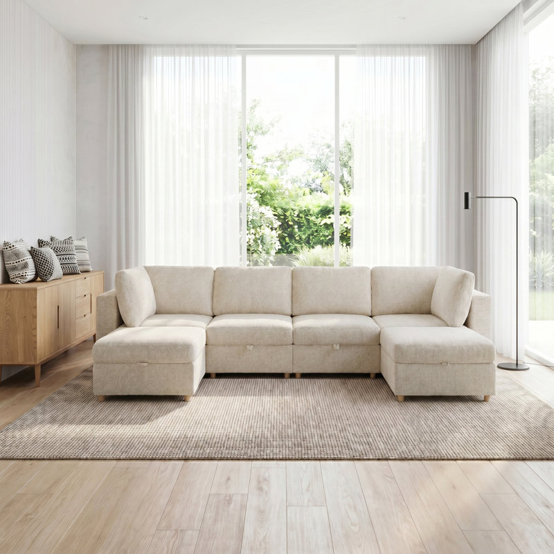 Canapé modulaire modulaire avec rangement convertible, ensemble de tissu pliant multifonctionnel pour six personnes en beige