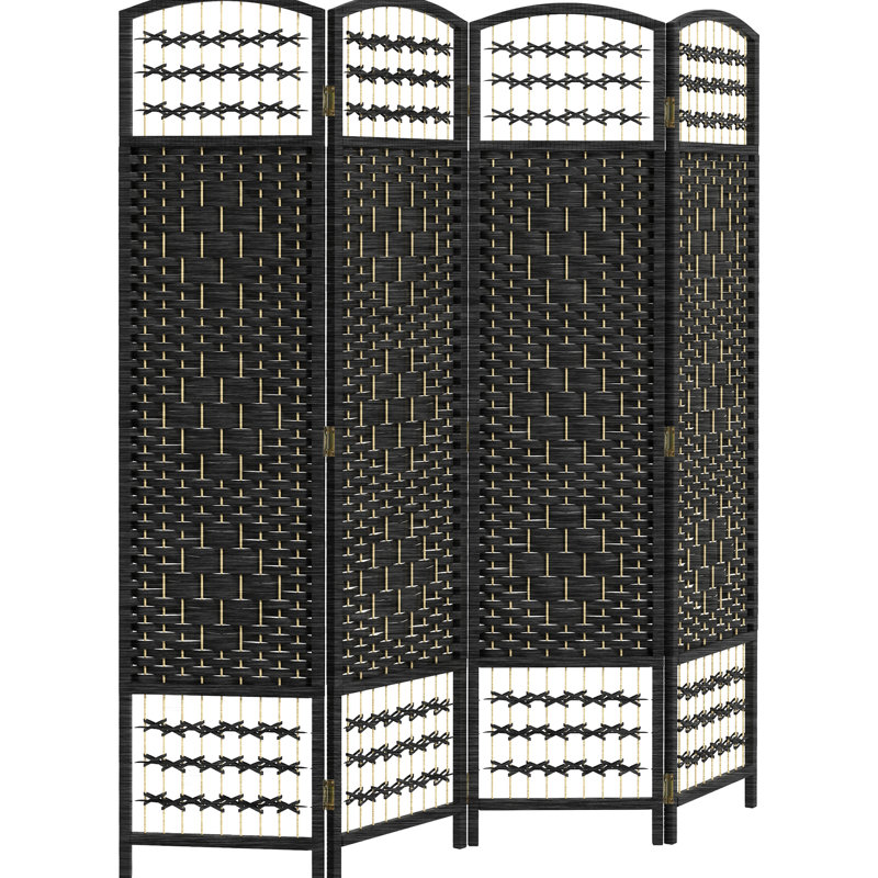 Paravent pliant, cloison 4 panneaux, 5,6 pi, cloison en fibre Black Wave, tissé à la main pour la chambre à coucher, le salon et la cuisine