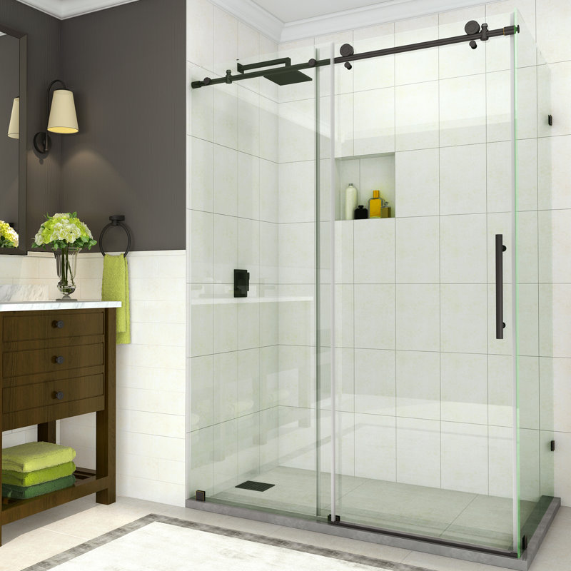 Cabine de douche à porte coulissante sans cadre l 56 po - l 60 po x P 33,875 po x H 76 po Coraline, Bronze huilé