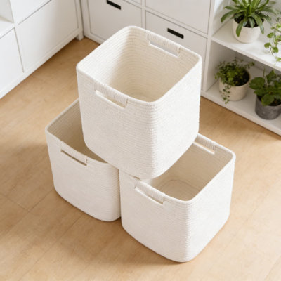 Cube Storage Bins 3 Pack, 13 Inch Woven Storage Baskets With Handles For Organizing Shelves, Closets, Nursery, Bathroom And Living Room, Breathable Cotton Rope Storage Containers