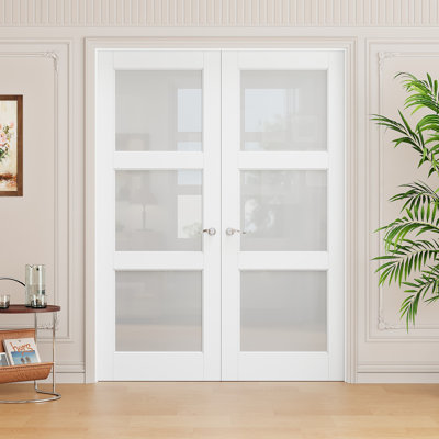 Interior 3-Lite Frosted Glass Door, CARB P2 MDF & SGCC Tempered Glass French Doors, Satin Nickel Hardware-Privacy Door Lever with Lock, Latch & Hinges, Pre‑Finished & Waterproof, Pantry, Bedroom, Bathroom & Closet, Easy DIY Stain, 60"x 80"