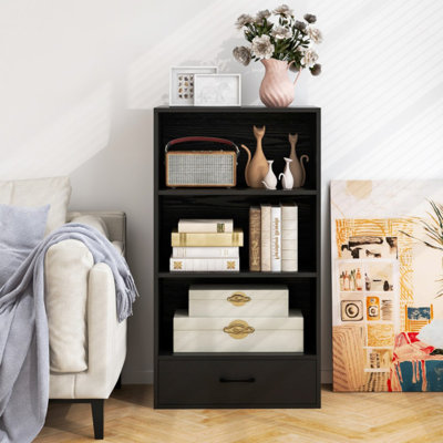 4-Tier Storage Bookcase with Open Shelves Drawer and Anti-toppling Device