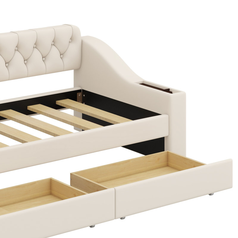 Lit de jour rembourré avec accoudoirs de rangement et port USB, Beige