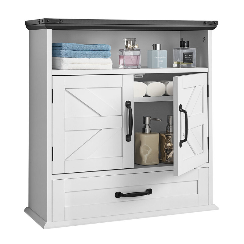 Armoire murale de salle de bain, 2 portes et tablette réglable, armoire de rangement de rangement au-dessus de la toilette fixée au mur, organisateur suspendu avec tiroir et cloison ouverte pour la salle de lavage de la cuisine, blanc