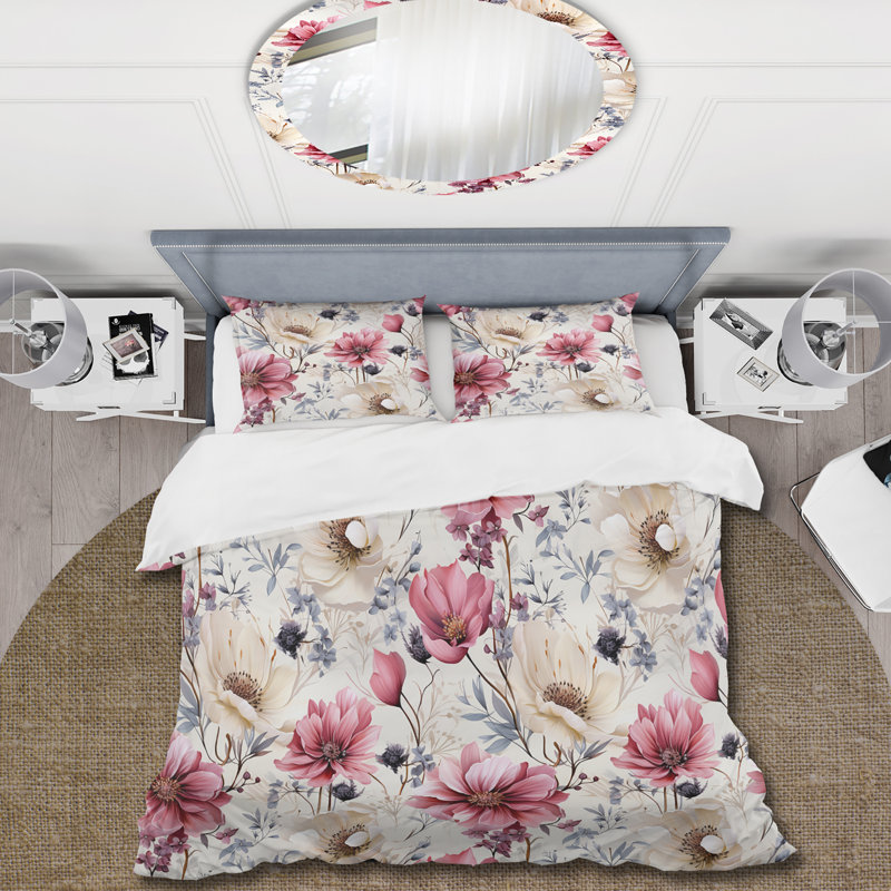 Ensemble de housse de couette rose et beige Wildflower Paradise I, Housse de couette pour grand lit et 2 taies décor