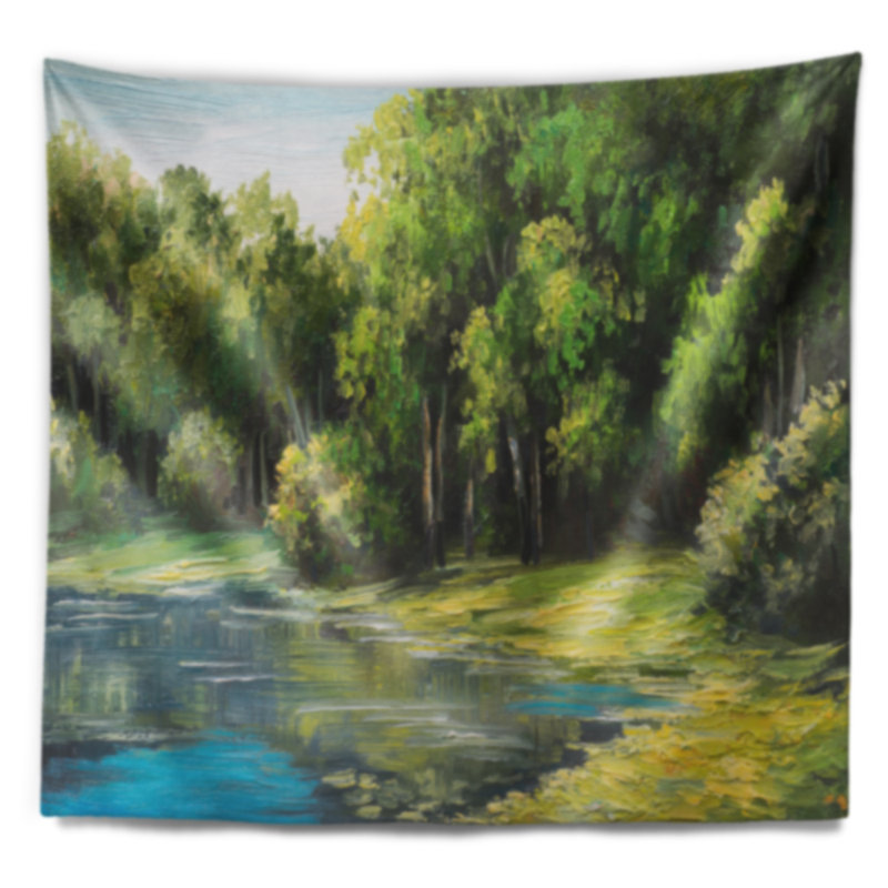 Lac d'été de paysage dans la tapisserie de forêt, H 32 po x l 39 po