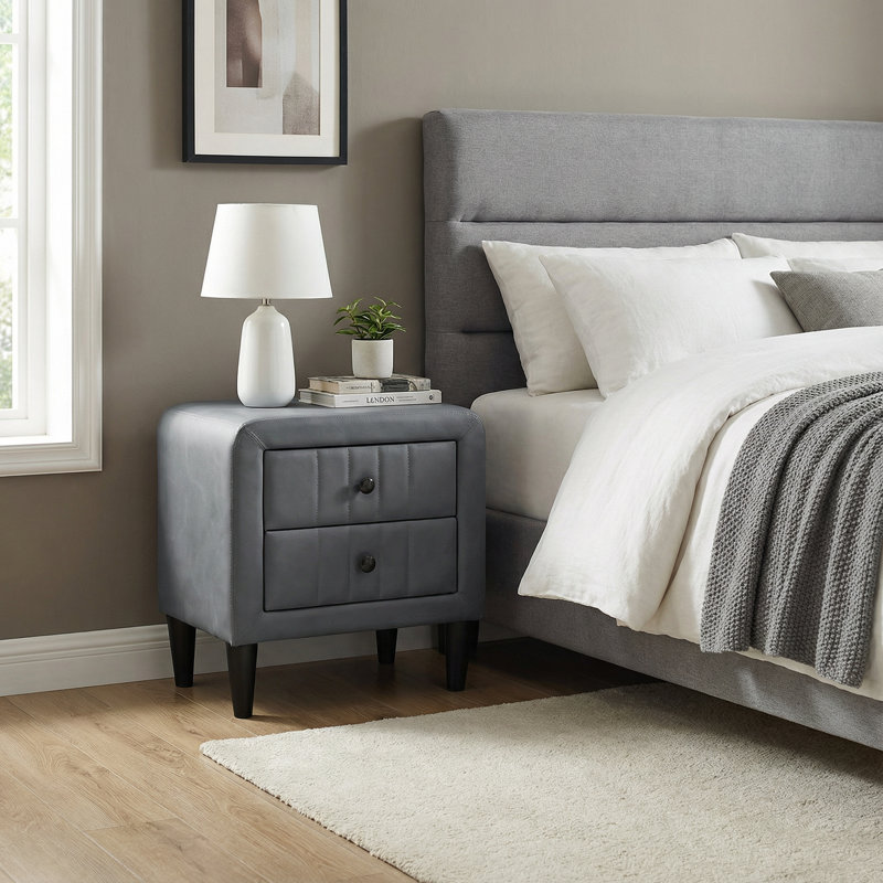 22-inch Soft Upholstered Nightstand With 2 Drawers, Velvet Bedside Table, Gray