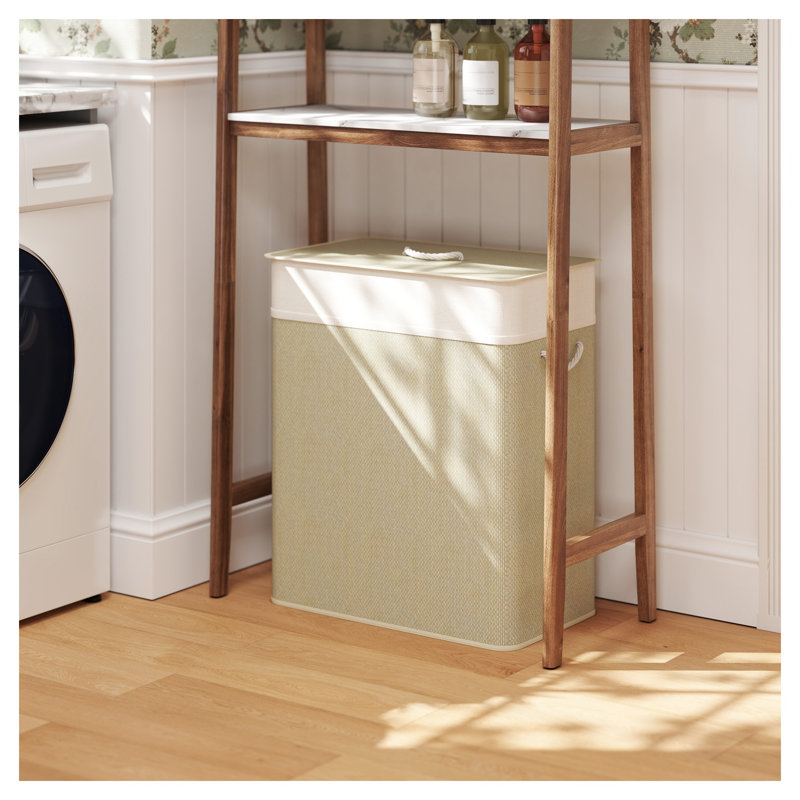 HOMCOM Double Laundry Basket with Lid, Bamboo Hamper with Removable Liners and Rope Handles, Natural