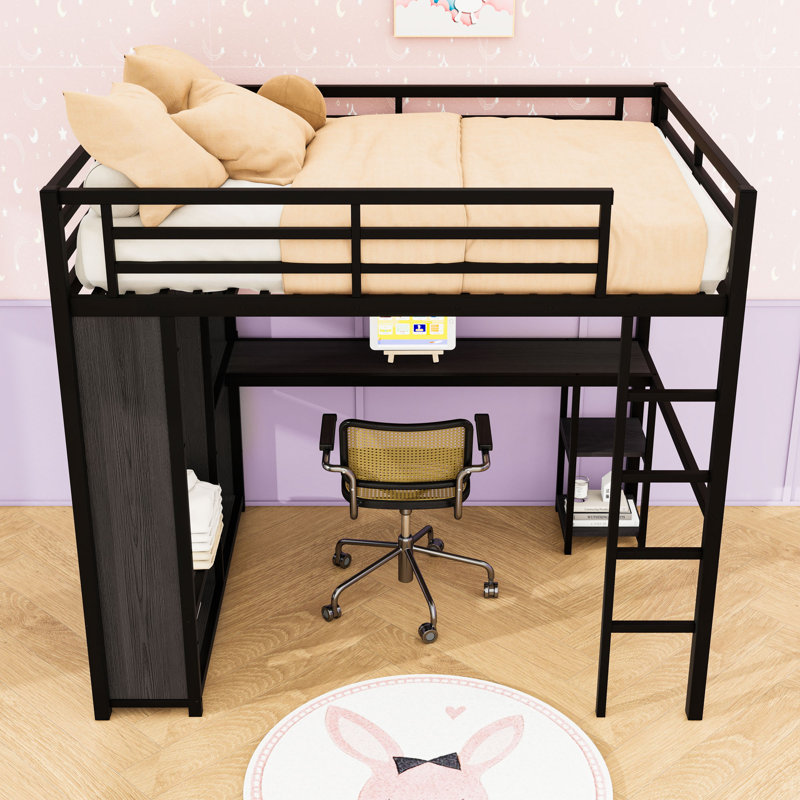 Loft Bed with Built-In Wardrobe, Desk, Storage Shelves and Guardrails, Black, Full