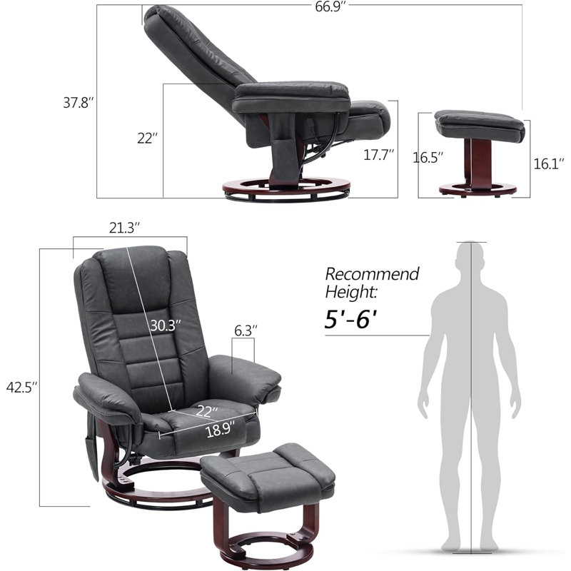 Jamillah  2Set Faux Leather Recliner with Massage Feature and Ottoman, 360 Degree Swivel, Removable Lumbar Pillow