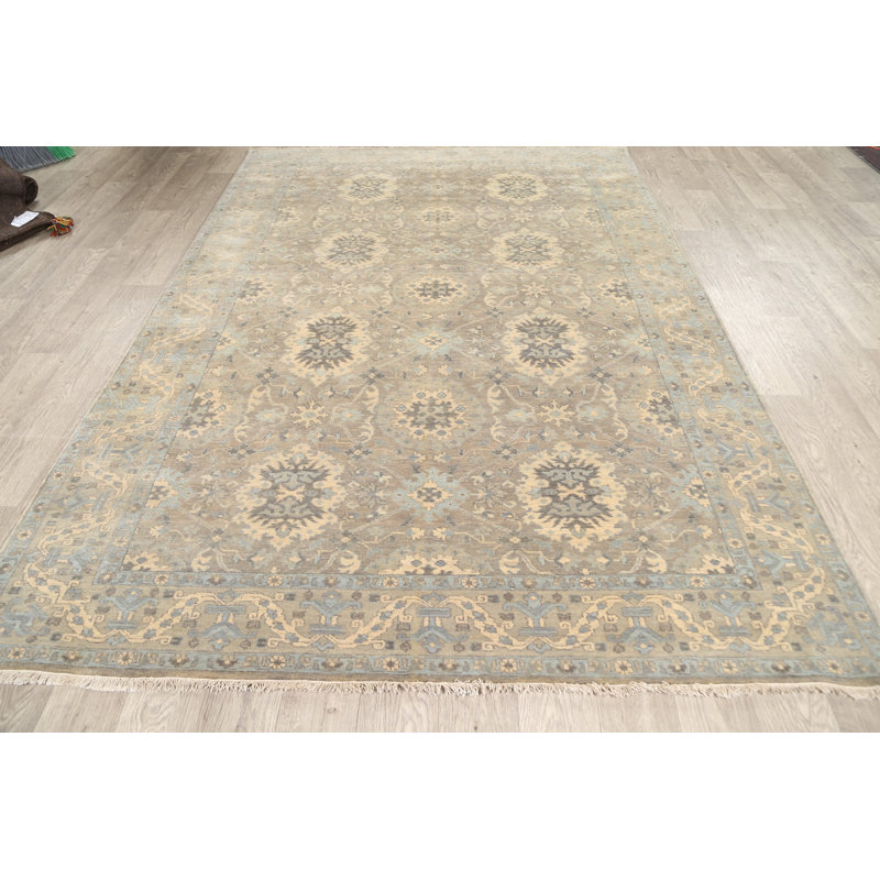 Tapis décoratif en laine de conception unique 6 pi 2 po x 9 pi noué à la main New Age en gris/beige/bleu clair