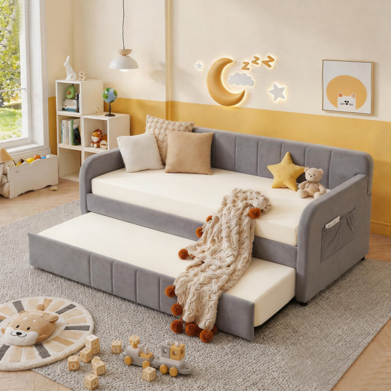 Double Size Upholstered Daybed Frame with Pull Out Trundle Bed, Slatted Sofa Bed with Side Storage Pocket for Guest Room Living Room