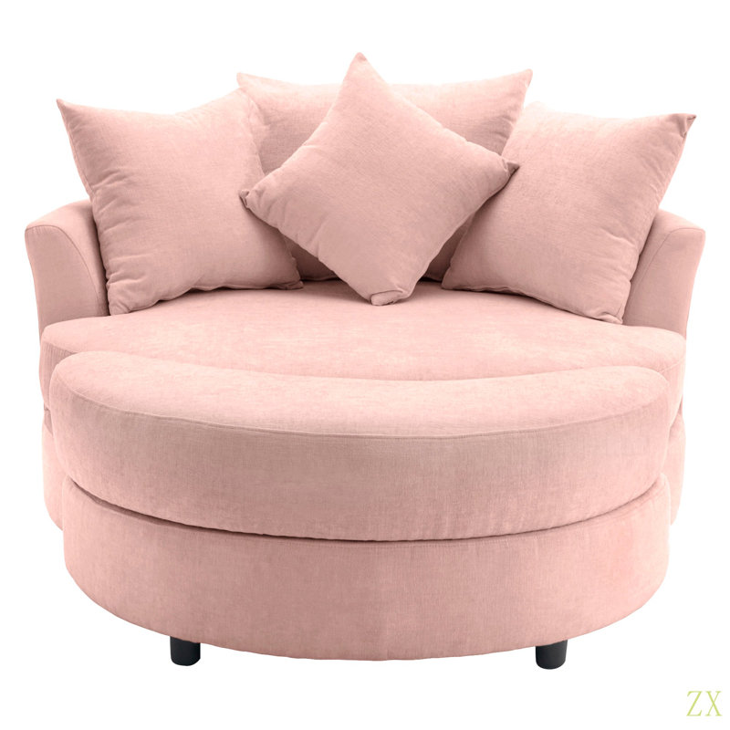 Fauteuil demi-tonneau pivotant à 360 ° avec repose-pieds avec rangement et 4 coussins, fauteuil de loisirs moderne en chenille pour salon