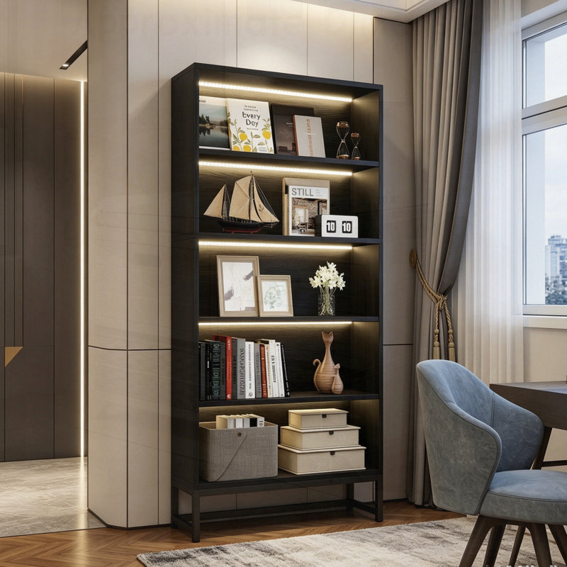 Grande bibliothèque avec lumières DEL, rangement réglable à 5 niveaux, bois robuste pour le salon, la chambre à coucher et le bureau personnel