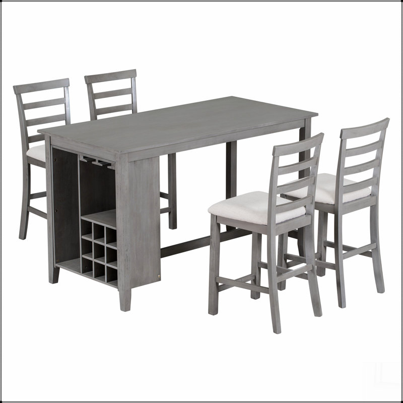 Ensemble de salle à manger 5 pièces à hauteur de comptoir en bois d'hévéa multifonctionnel avec chaises rembourrées, Gris