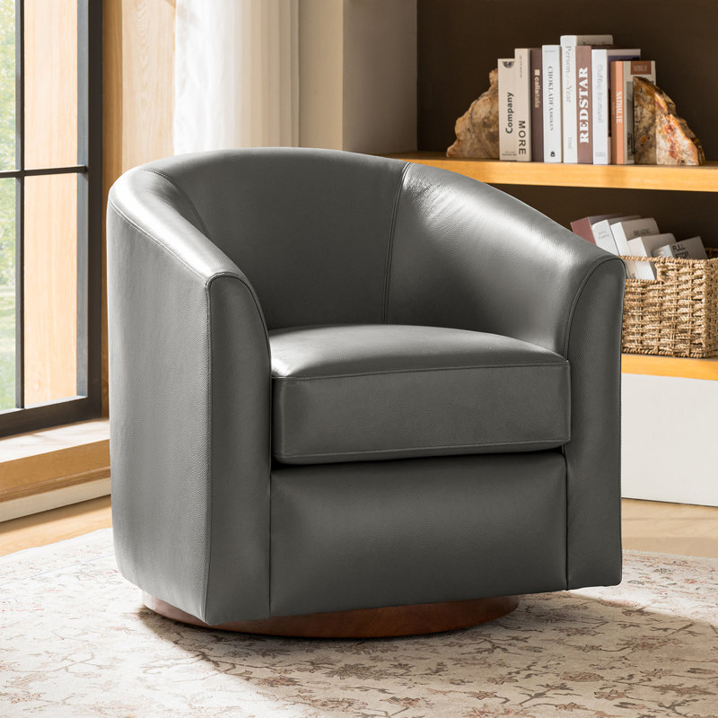 Amiir 30.5'' Wide Genuine Leather Swivel Barrel Chair With Solid Wood Base, Gray