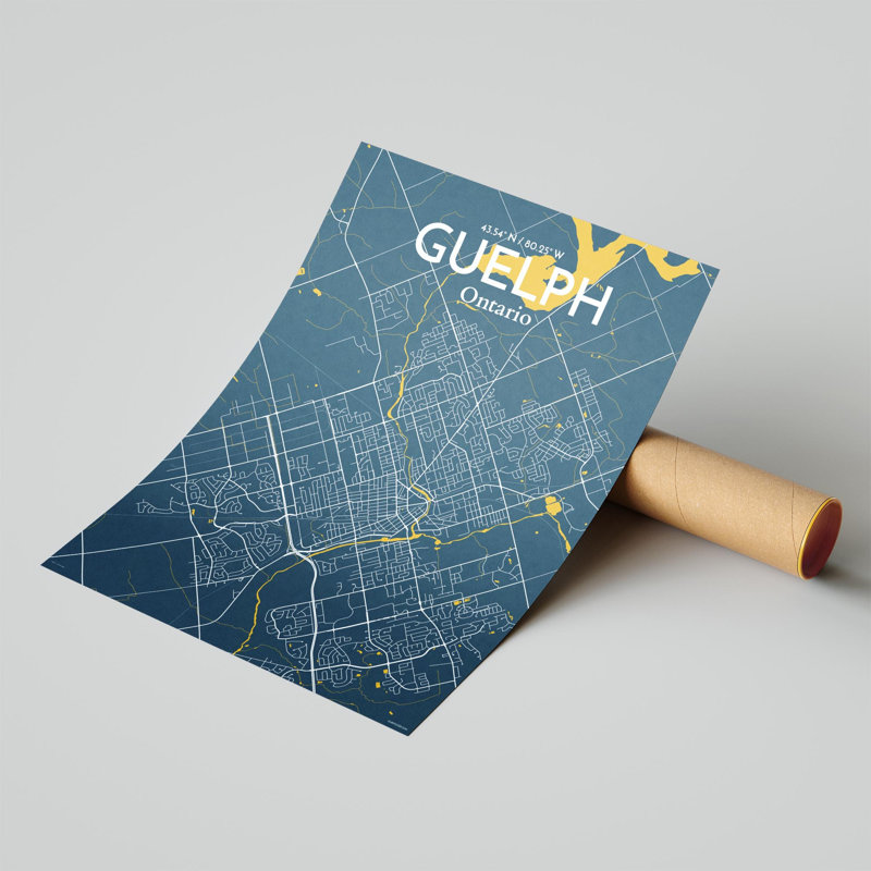 Guelph City Map, impression, H 24 po x l 18 po, Bleu / Jaune