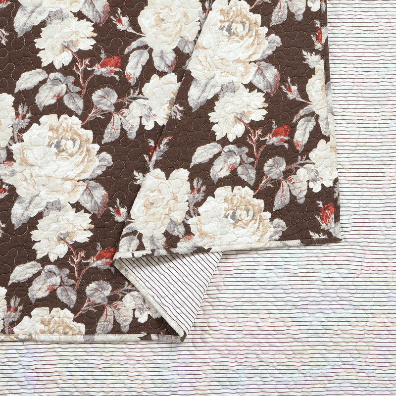 King Size Brown Cotton Floral Quilt Set with Shams