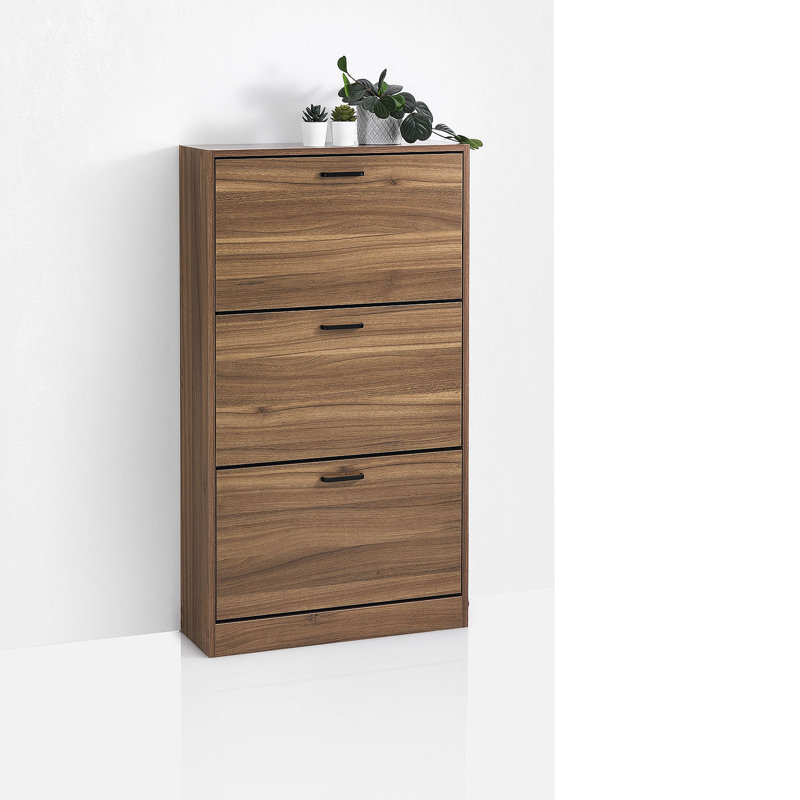 18 Pair Stackable Shoe Storage Cabinet, Natural Oak