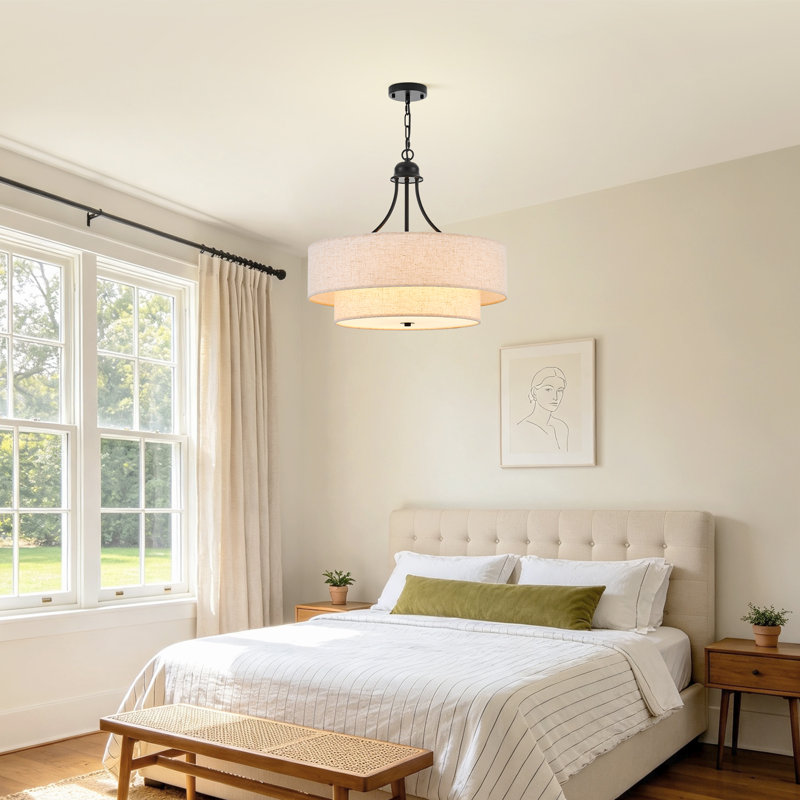  6-Light Modern Drum Golden Chandelier with Linen Shade, Gold