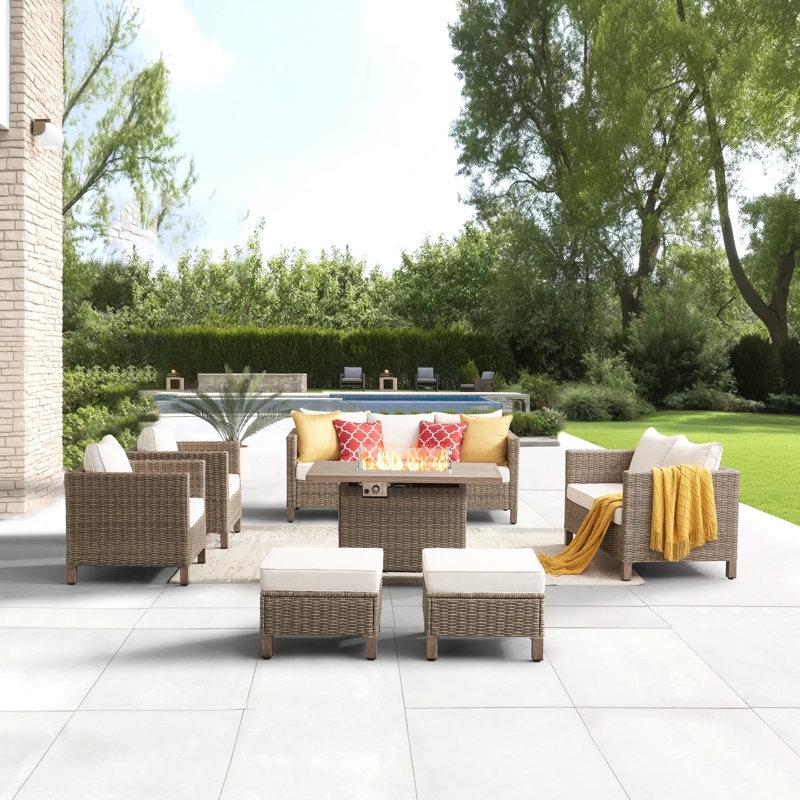 Ensemble de conversation d'extérieur en osier pour 9 personnes avec table foyer, Beige