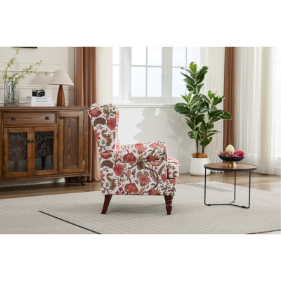 Chaise d'appoint moderne avec pieds en bois rétro, fauteuil rembourré confortable, canapé simple à motif floral pour le bureau de la chambre du salon - rouge floral
