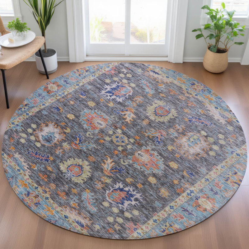 Machine Washable Indoor/Outdoor Xhevrie Gray Rug, Round 8'
