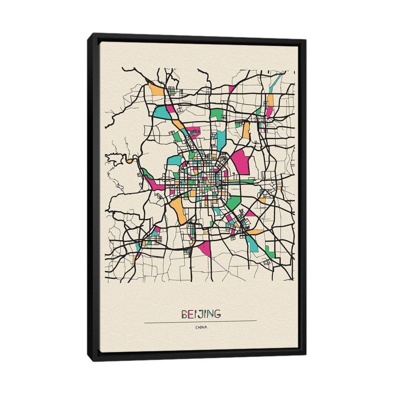 Beijing, China Map by Ayse Deniz Akerman - Print on Canvas, 152.5 cm H x 101.5 cm W, Black Floater Frame