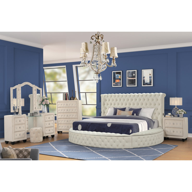 Ensemble de chambre avec très grand lit 5 pièces de style moderne avec ports USB et bois de couleur crème Hazel