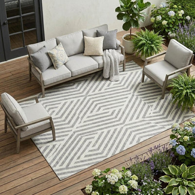 Tapis intérieur / extérieur lavable géométrique gris et ivoire HomeRoots 9 pi x 12 pi