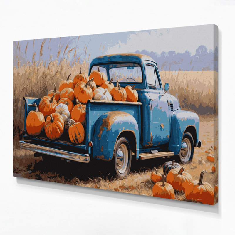 "Thanksgiving", camion rétro avec citrouilles, art mural beige, H 20 po x l 30 po