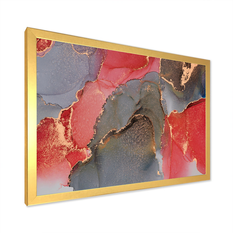 Gris et rouge, art abstrait fluide de luxe - peinture sur toile, H 34 po x l 44 po, Cadre doré à coins fermés