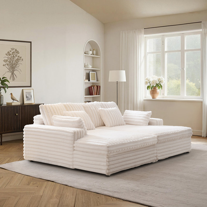 94" Oversized Chaise Lounge Sofa with Faux Fur Upholstery, High-Density Foam Cushion & Lumbar Pillows, Double Chaise Lounge Sofa Bed for Living Room