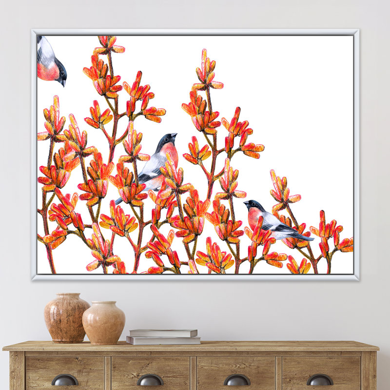 Volée de bouvreuils sur branches orange - Peinture sur toile, H 16 po x l 32 po x p 1 po, Toile blanche encadrée