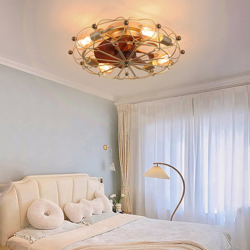Ventilateur de plafond en cage à profil bas avec télécommande et lumières, ventilateur industriel intégré moderne, Doré