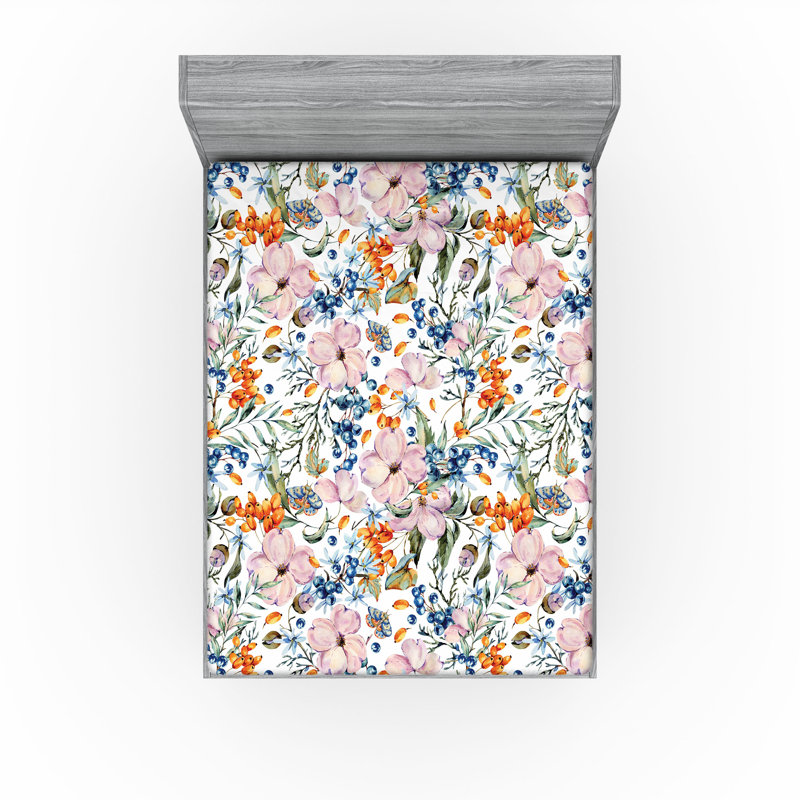 Drap-housse à motif floral Ambesonne, Rose, orange, bleu, ardoise / floral, Drap-housse de taille double