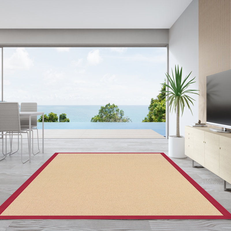Nannette Handmade Light Beige Berber with Red Cotton Border Made in the USA Area Rug, Rectangle 9'10" x 13'