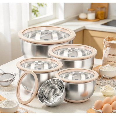 5 Pack Non-Toxic Stainless Steel Mixing Bowls with Glass Lids, Plastic-Free