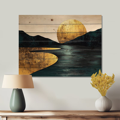 Quiet Bold River In Emerald Gold Harmony II - Forest And River Wood Wall Art - On Natural Pine Wood