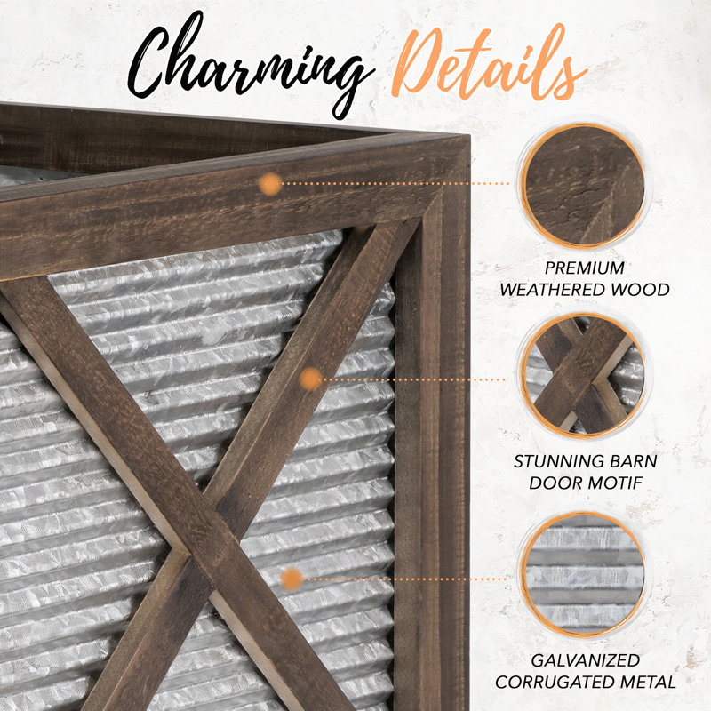 Farmhouse Wood and Galvanized Metal Planter Box Set of 2 with Stand, Brown, Brown