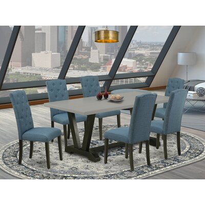 Aimable 7-Pc Kitchen Table Set - 6 Dining Chairs And 1 Modern Rectangular Cement Kitchen Table With Button Tufted Chair Back - Wire Brushed Black Fini -  Winston Porter, A25FD42CFE984E1FBDBC0CAC350E6AE2